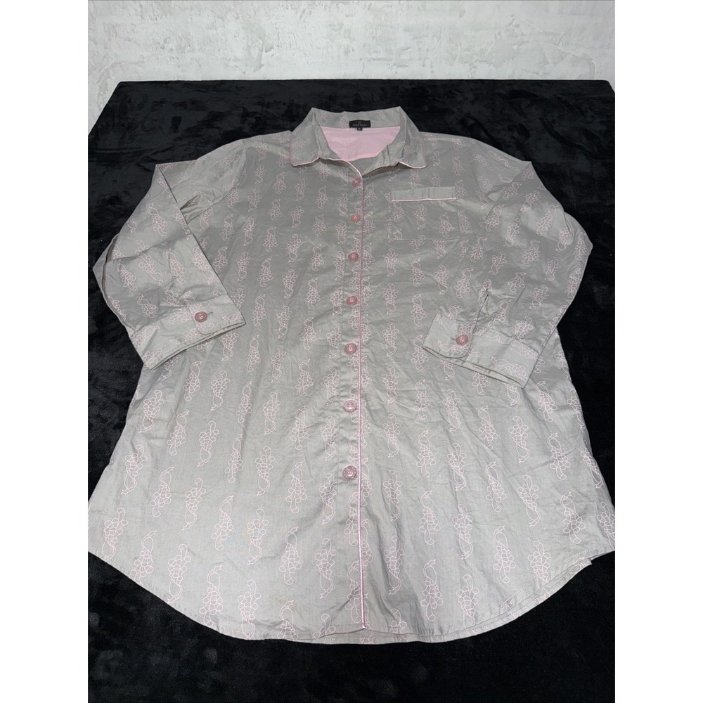 Noble Mount Gray Pink Peacocks Cotton M Sleepshirt PJ Button Up Nightshirt